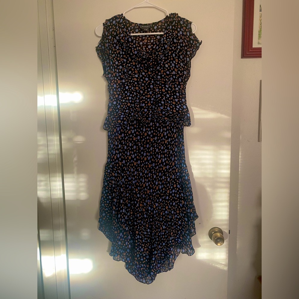 Nostalgia 2 Piece Skirt & Blouse Black Polka Dot Chiffon Split Sleeve Midi S